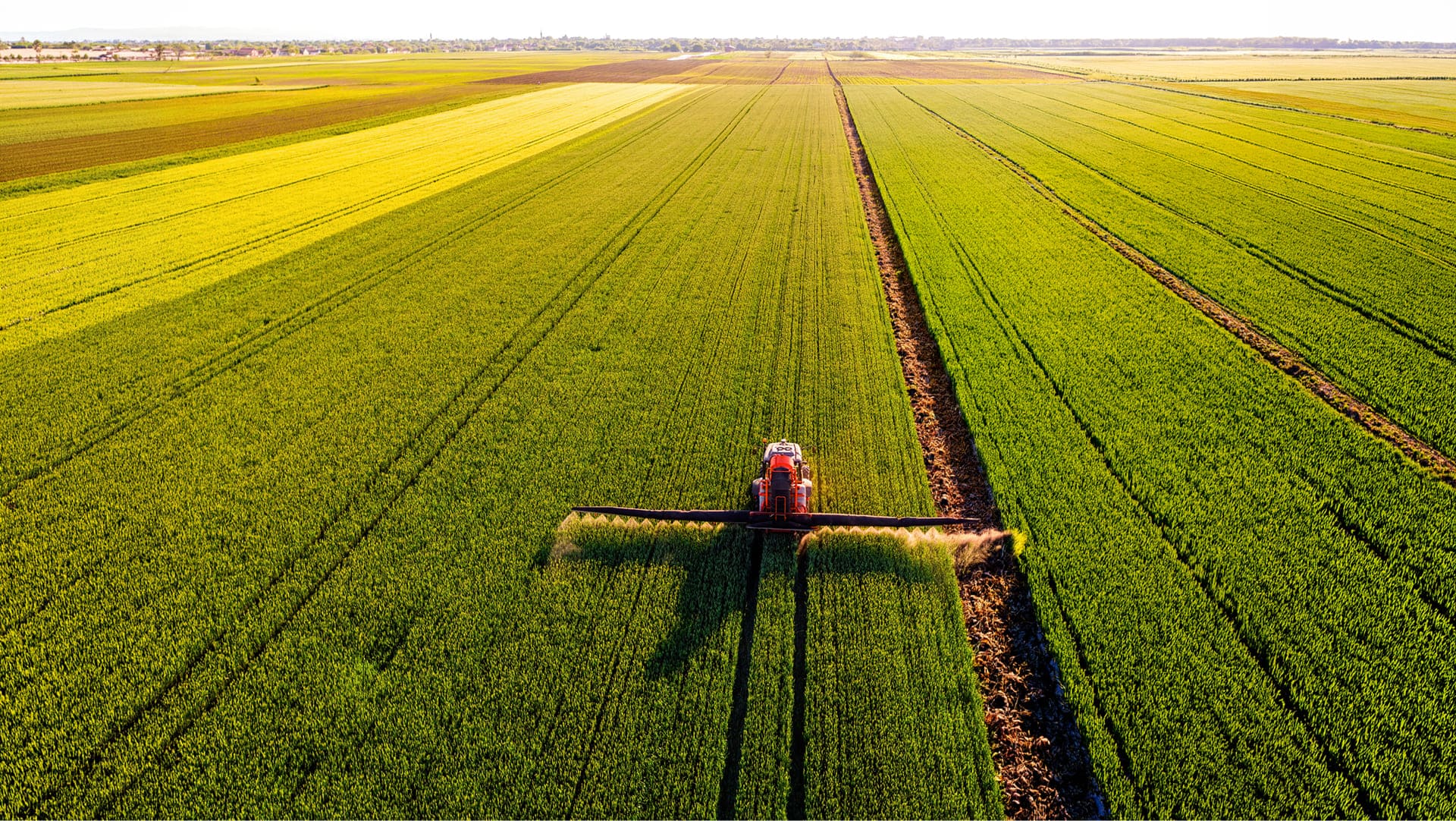 Aerial view of a sprayer working vast green farmland at golden hour