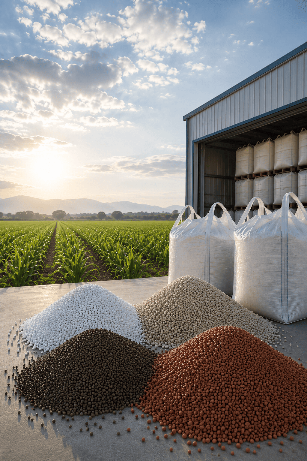 Fertilizer granules and bulk bags at a storage shed beside a green crop field