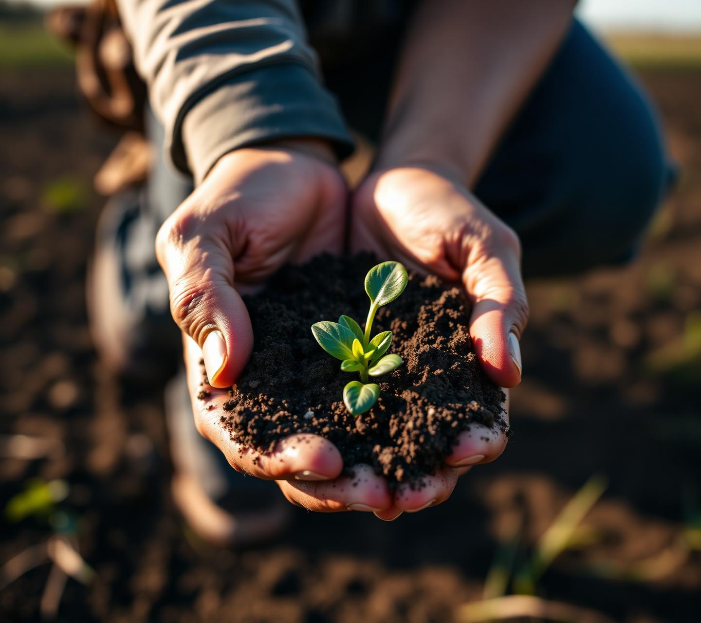 Hands holding rich soil with a young seedling
